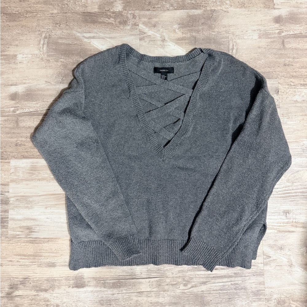 Forever 21 Charcoal Crisscross V-Neck Sweater